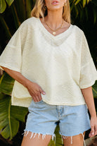 Beige V Neck Textured Split Hem Oversized Top