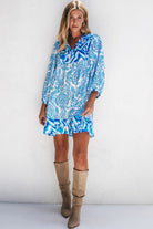 Bohemian Print Puff Sleeve Tied V Neck Flared Mini Dress