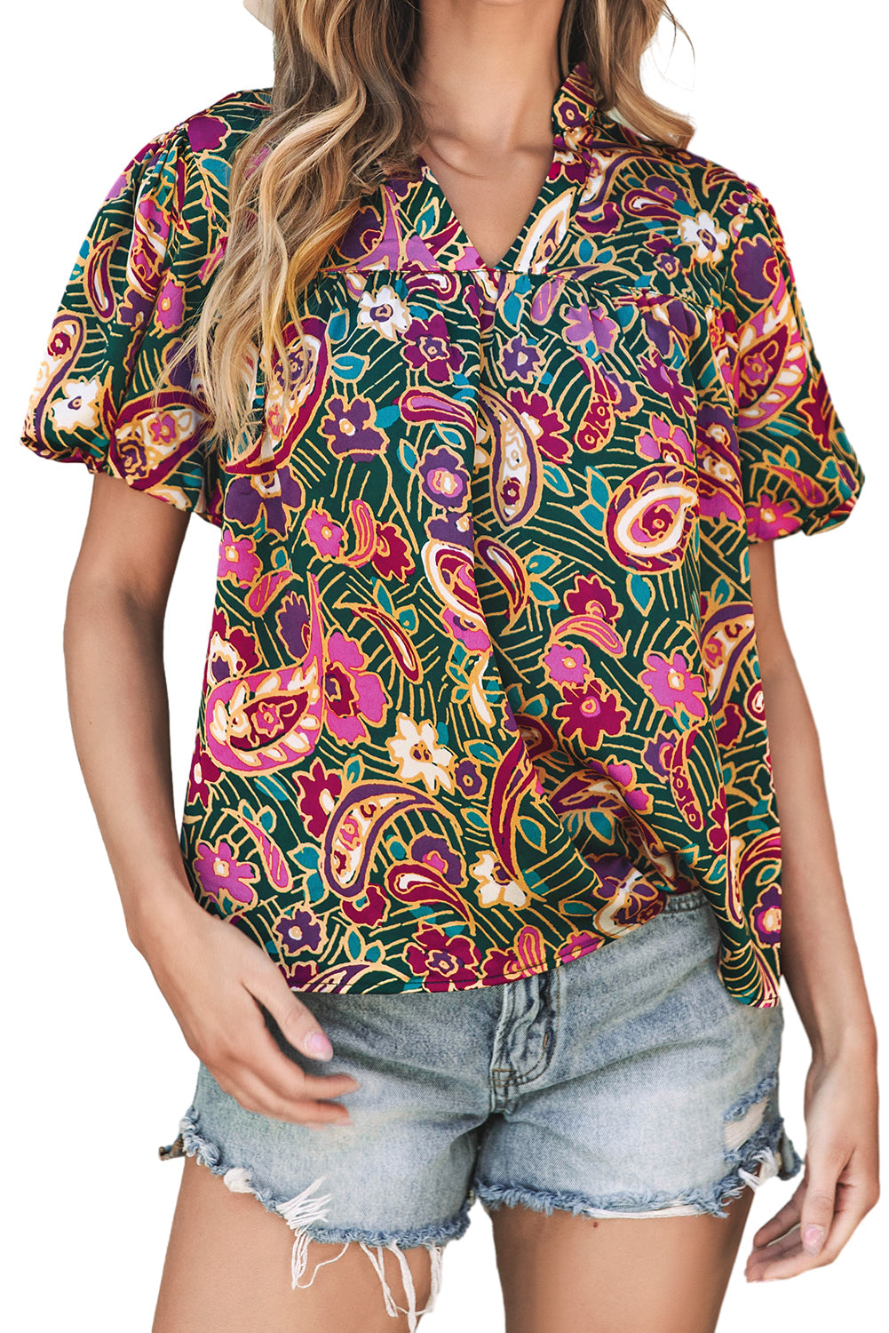 V Neck Short Bubble Sleeve Paisley Blouse