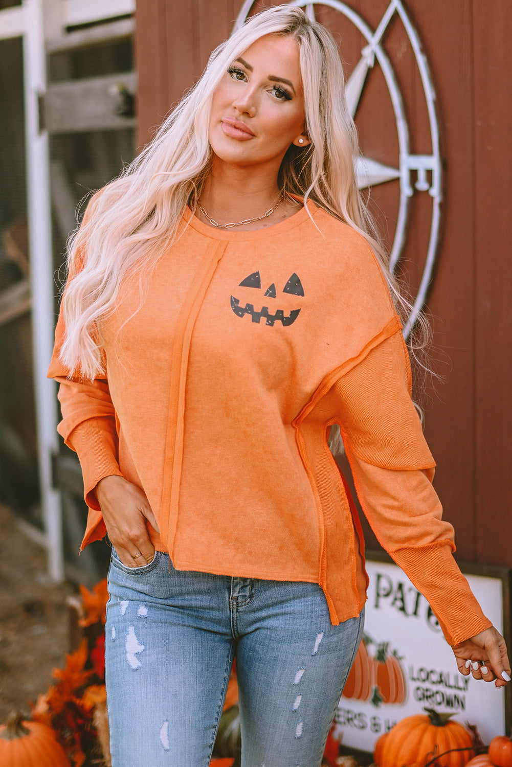 Halloween Pumpkin Face Exposed Seam Patchwork Sweatshirt