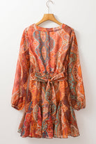 Boho Paisley Print Long Sleeve Pleated Belted Mini Dress