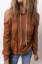 Exposed Seam Cold Shoulder Drawstring Hoodie