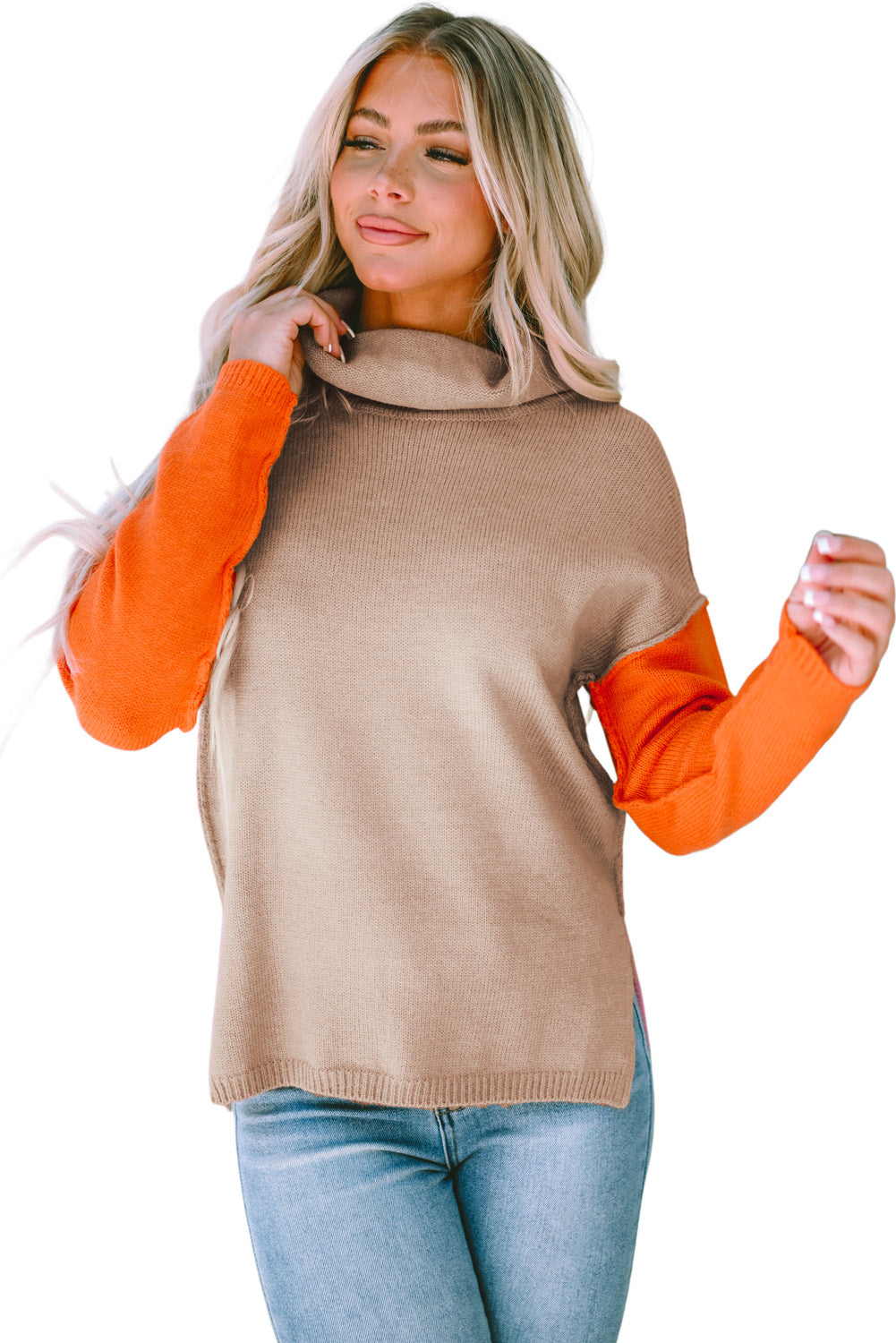 Color Block Turtle Neck Drop Shoulder Knit Sweater