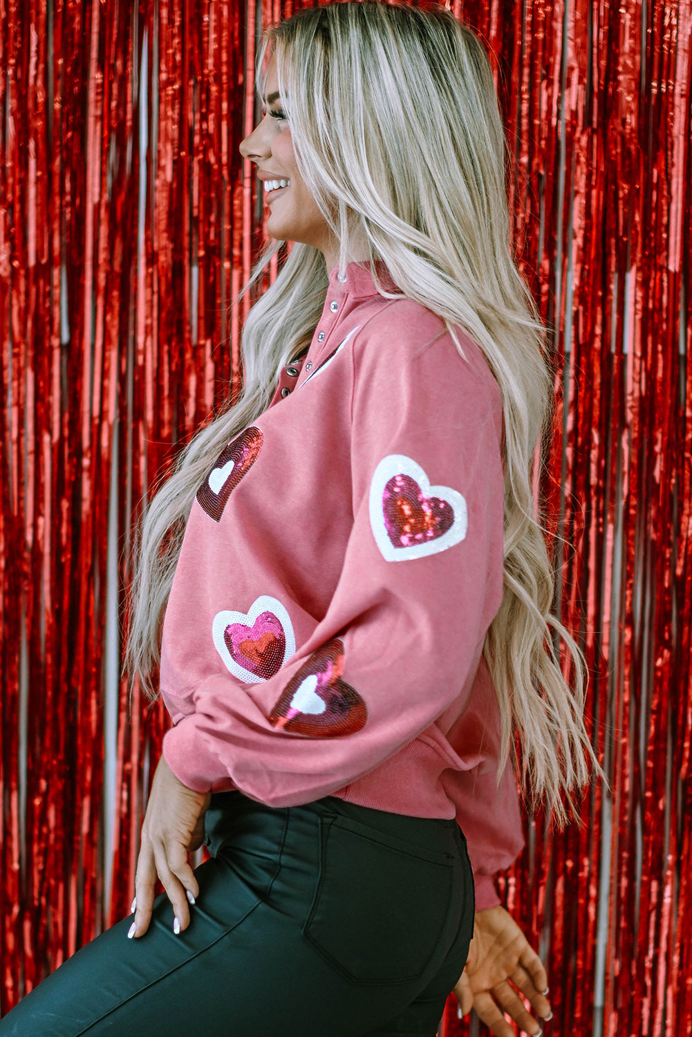 Mineral Wash Sequin Heart Snap Buttons Collared Sweatshirt