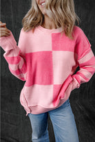 Checkered Colorblock Striped High Low Loose Sweater