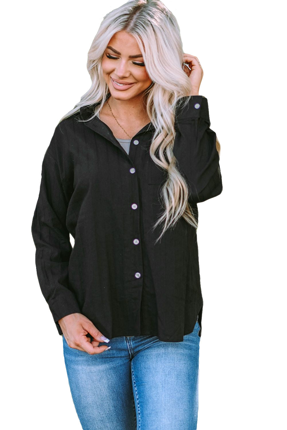 Textured Buttoned Pocket Long Sleeve Shirt