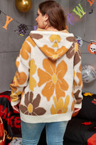 Large Flower Knitted Drawstring Hooded Plus Size Sweater