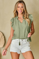 V Neck Flutter Sleeve Textured Blouse