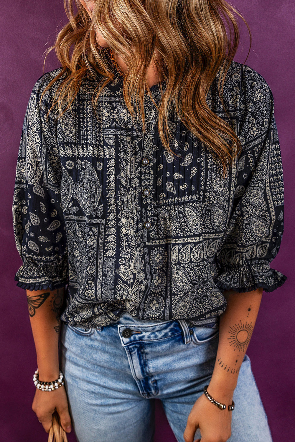 Vintage Boho Paisley Print 3/4 Sleeve Blouse