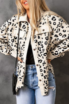 Apricot Collared Neckline Flap Pockets Leopard Corduroy Jacket