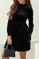 Velvet High Neck Tiered Ruffle Mini Dress