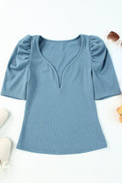 Sky Blue Ribbed Knit V Neck Ruched Sleeve Top