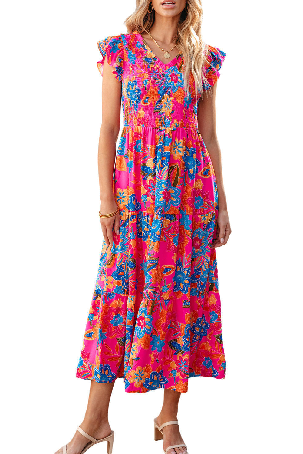 Boho Floral V Neck Ruffle Tiered Long Dress