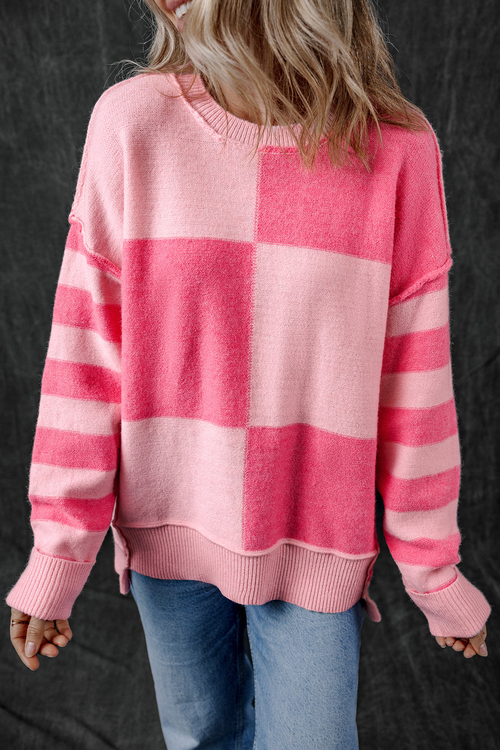 Checkered Colorblock Striped High Low Loose Sweater