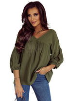 Textured V Neck Bracelet Sleeve Babydoll Blouse