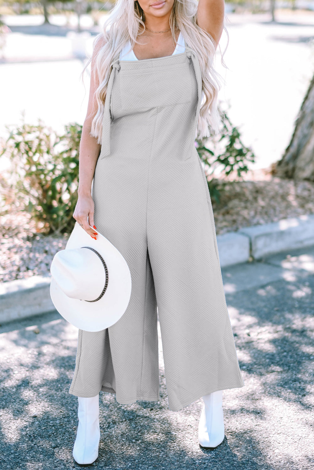 Textured Self-Tie Strap Wide-Leg Overalls