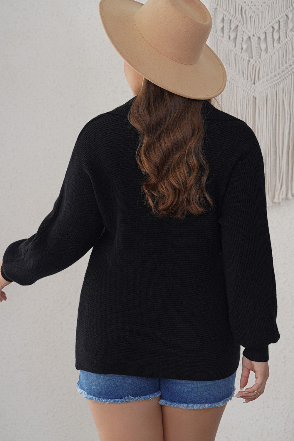 Ribbed Knit Lapel Neck Curvy Sweater