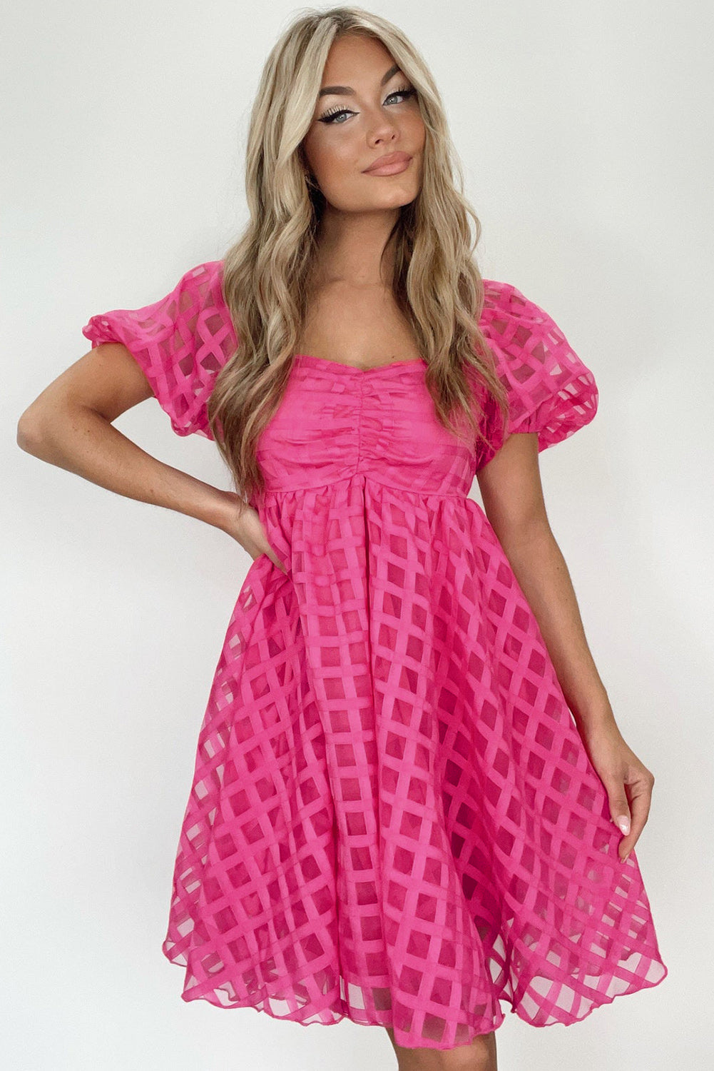 Checkered Puff Sleeve Babydoll Dress