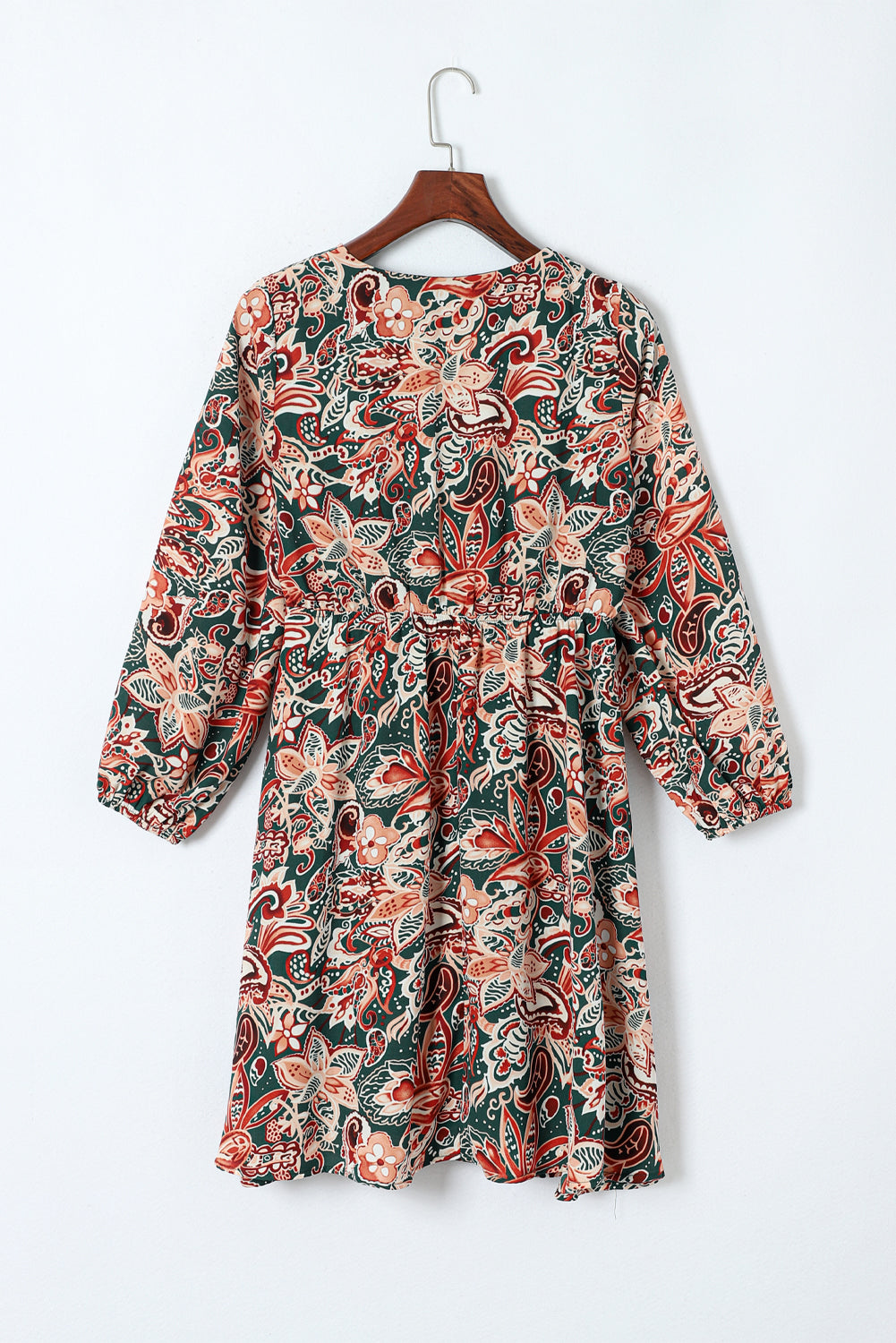 Geometric Print Long Sleeve Surplice Flowy Dress