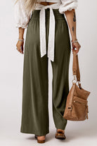 Brown Drawstring Elastic Waist Casual Wide Leg Pants