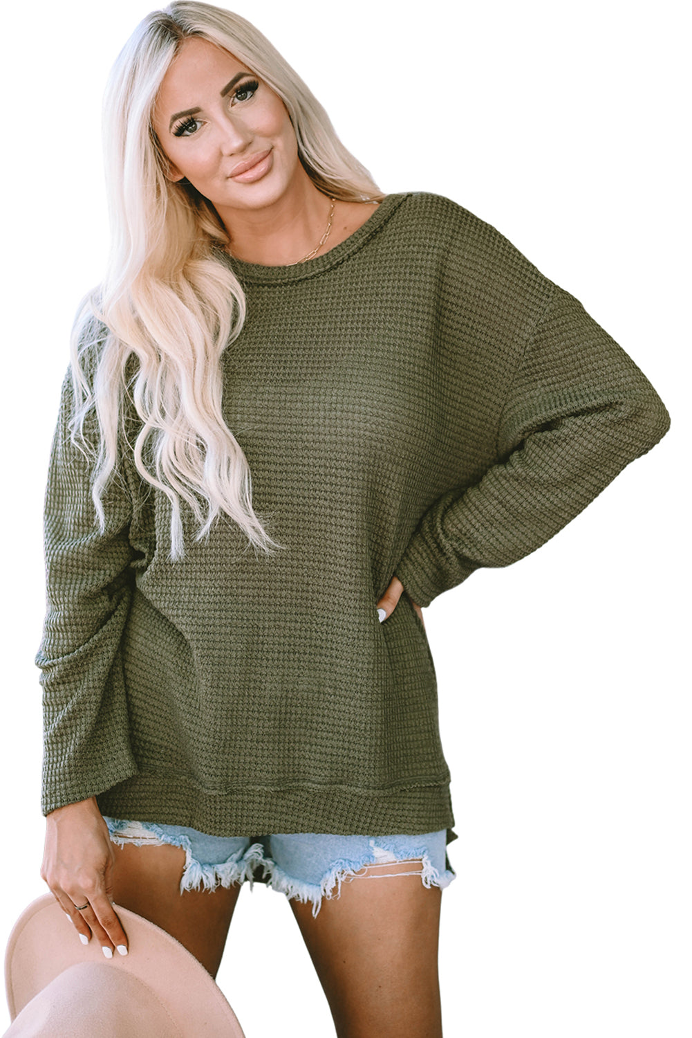 Waffle Knit High Slits Oversized Top