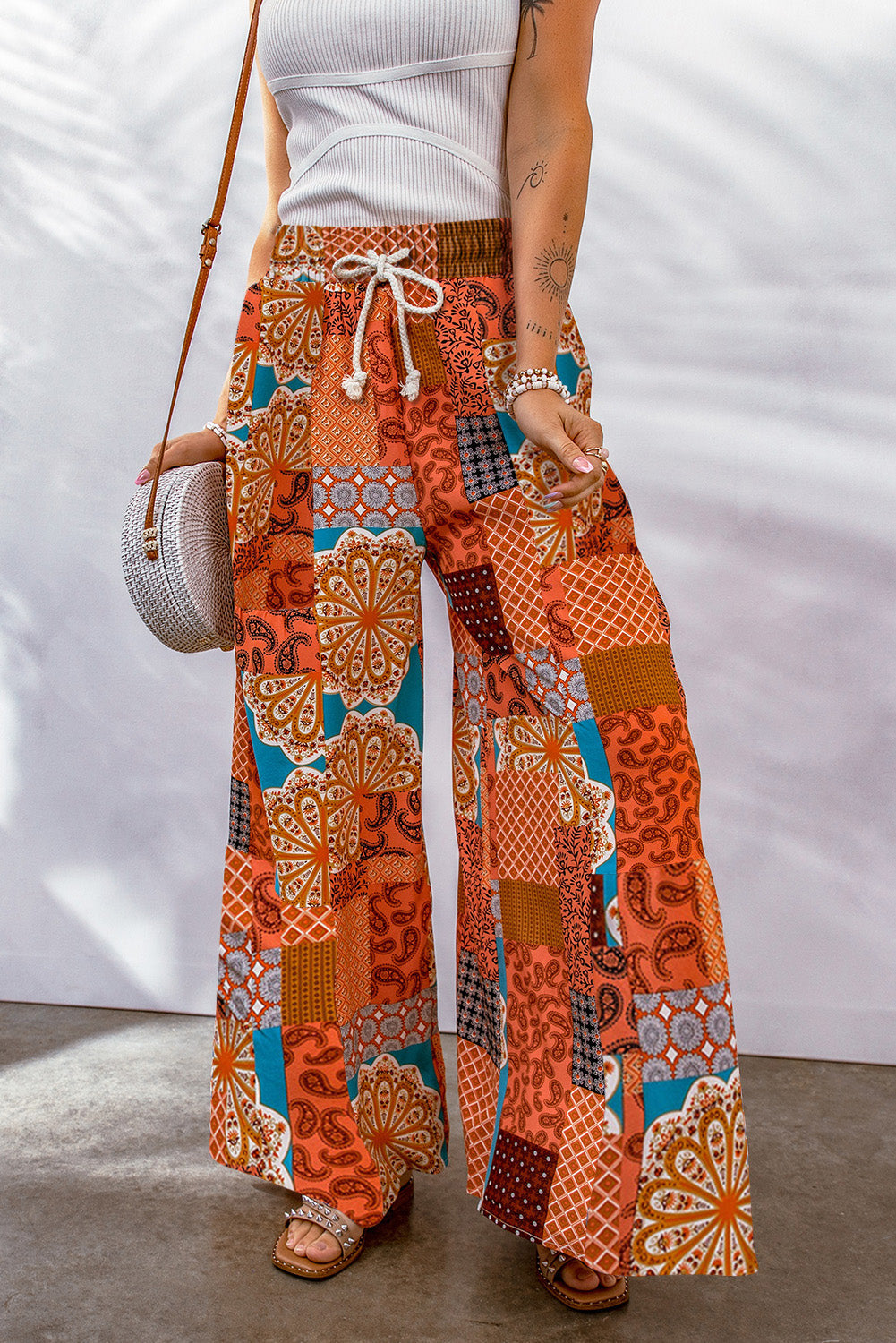 Orange Boho Patchwork Print Drawstring Wide Leg Pants