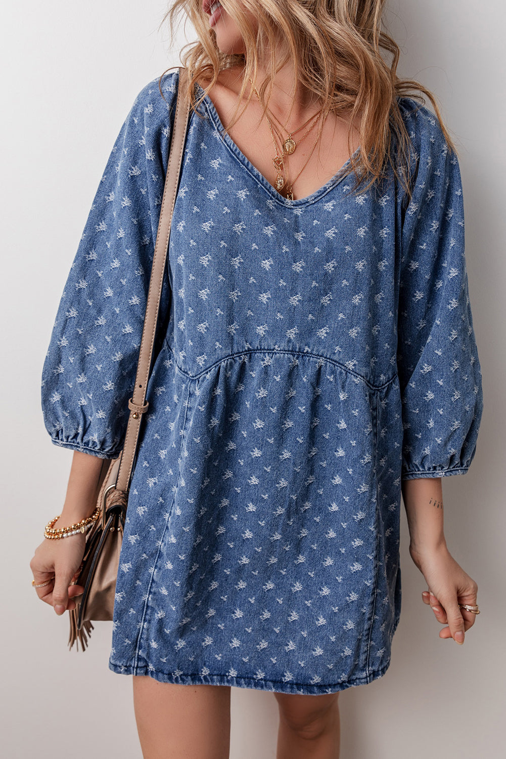 Textured Open Back Loose Fit Denim Dress