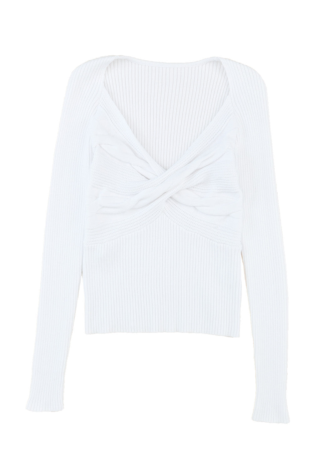 White Cable Crossed V Neck Sweater