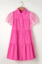 Sequined Bubble Sleeve Tiered Ruffled Shirt Dress