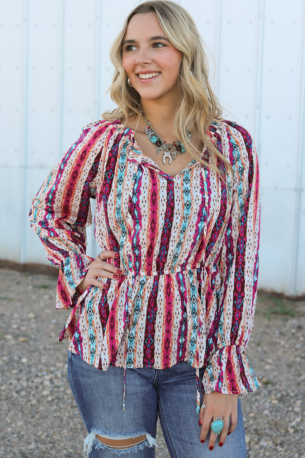 Western Aztec Split Neck Peplum Blouse