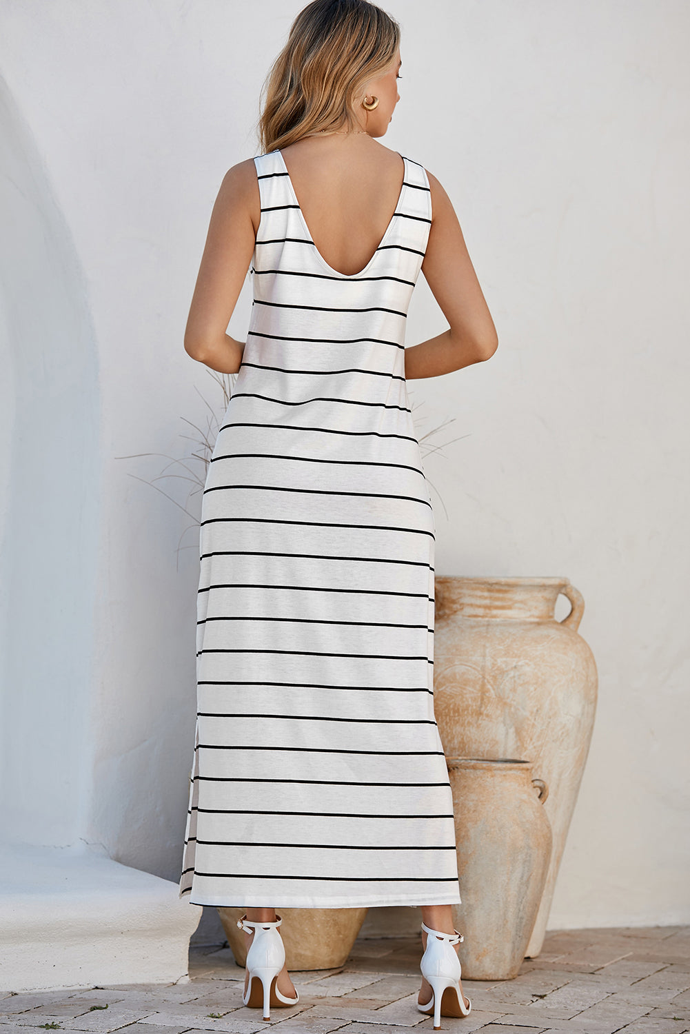 Stripe Print Open Back Sleeveless Maxi Dress with Slits