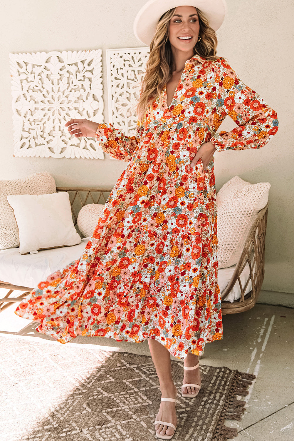 Boho Floral Collared Long Sleeve Ruffled Dress