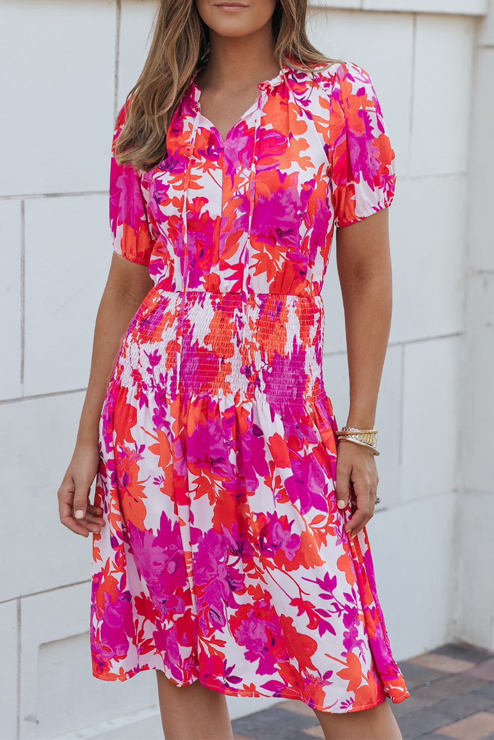 Floral Smocked Waist Bubble Sleeve Flare Dress