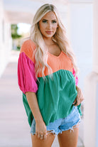 Crinkle Bubble Sleeve Color Block Blouse