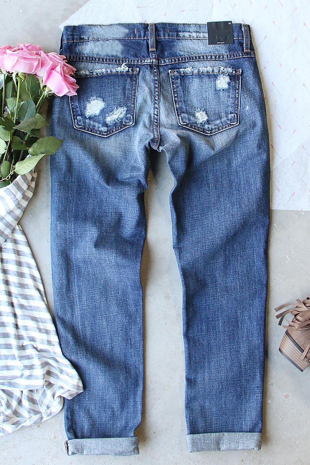 Sky Blue Buffalo Plaid Patch Christmas Snowflake Distressed Straight Jeans