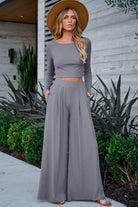 Solid Color Ribbed Crop Top Long Pants Set