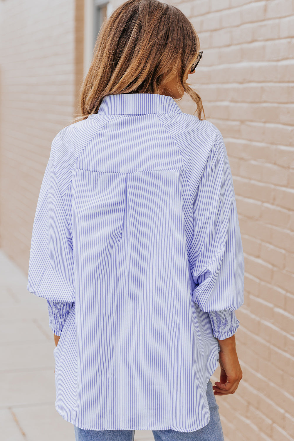 Smocked Cuffed Striped Boyfriend Shirt with Pocket