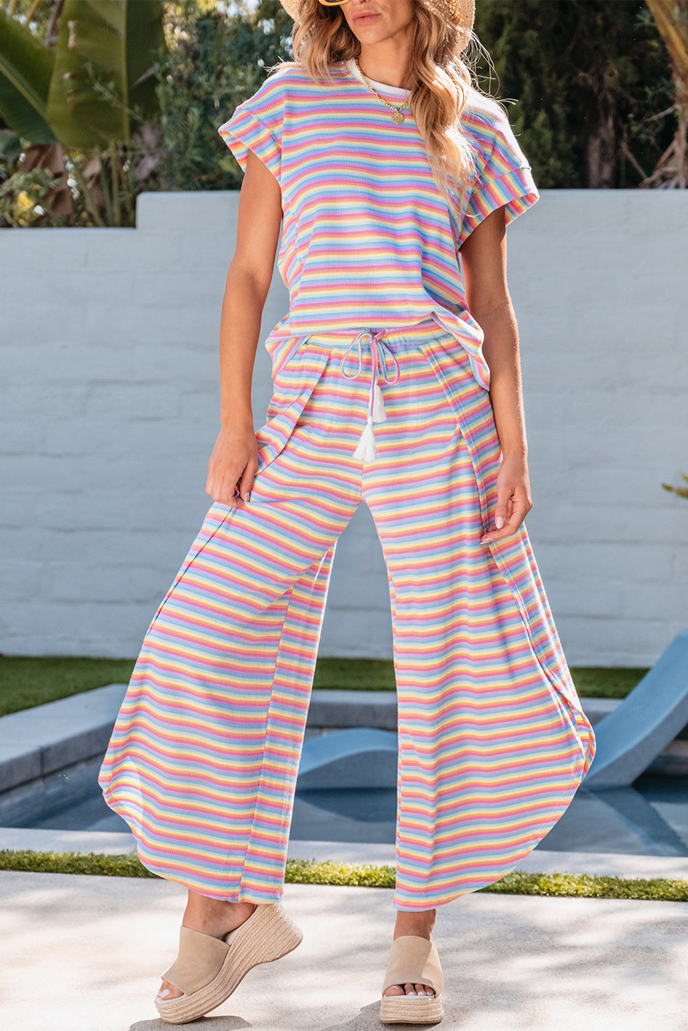 Rainbow Tee Tasseled String Wide Leg Pants Set