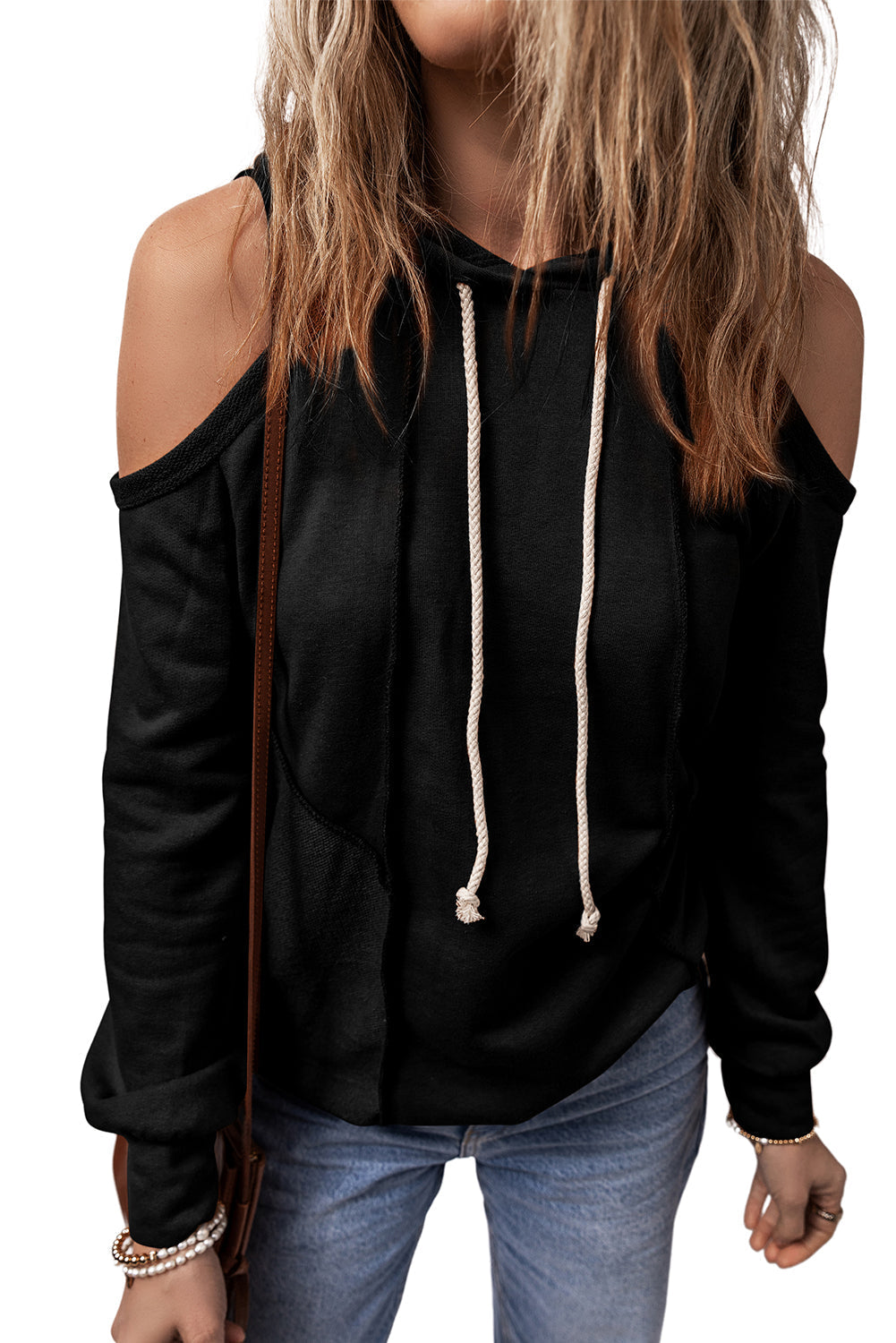 Exposed Seam Cold Shoulder Drawstring Hoodie