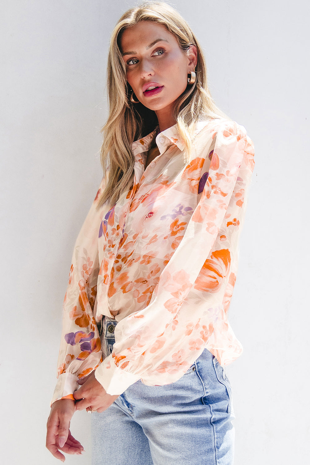 Floral Print Collared Balloon Sleeve Loose Shirt