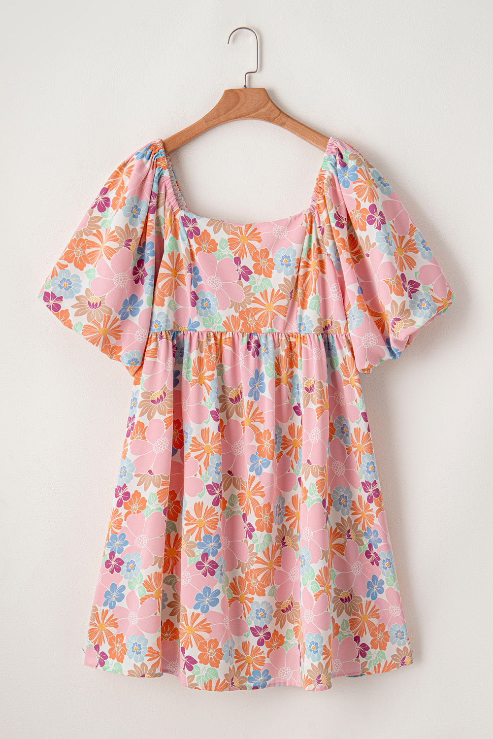 Floral Puff Sleeve Square Neck Plus Babydoll Dress