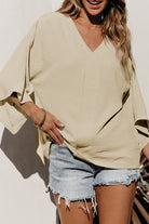 Solid V Neck Wide Sleeve Crinkled Blouse