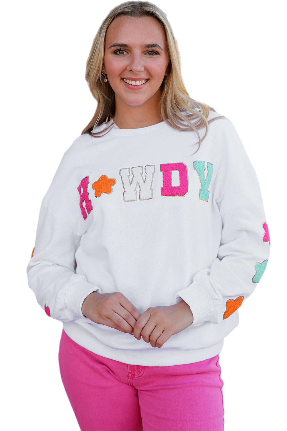 Howdy Glitter Chenille Patch Graphic Casual Sweatshirt