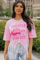 NASHVILE MUSIC CITY Graphic Sequin Fringed Hem Tee