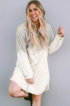 Gradient Long Sleeve Button Up Raw Hem Denim Dress