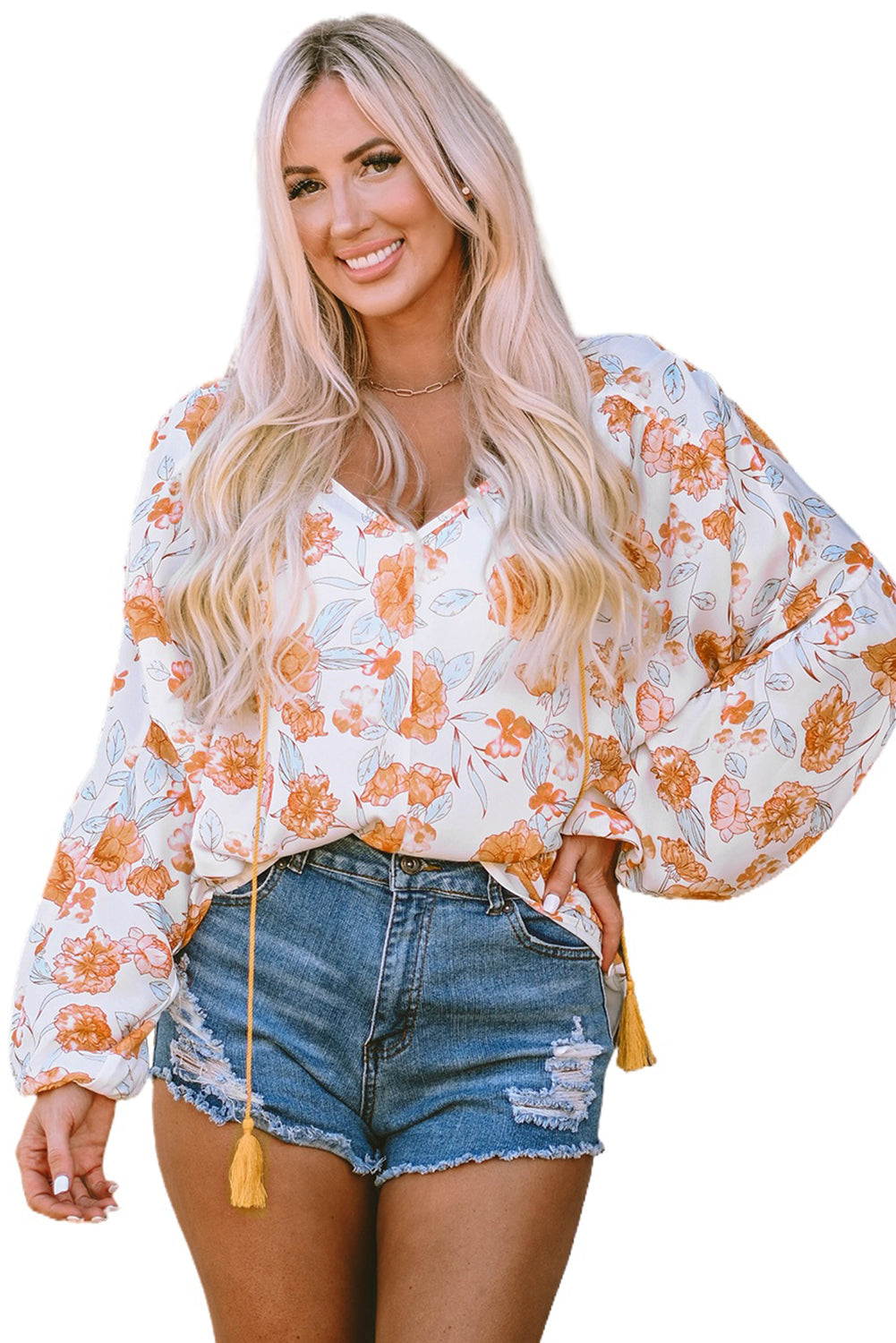 Tassel Tie V Neck Bubble Sleeve Floral Blouse