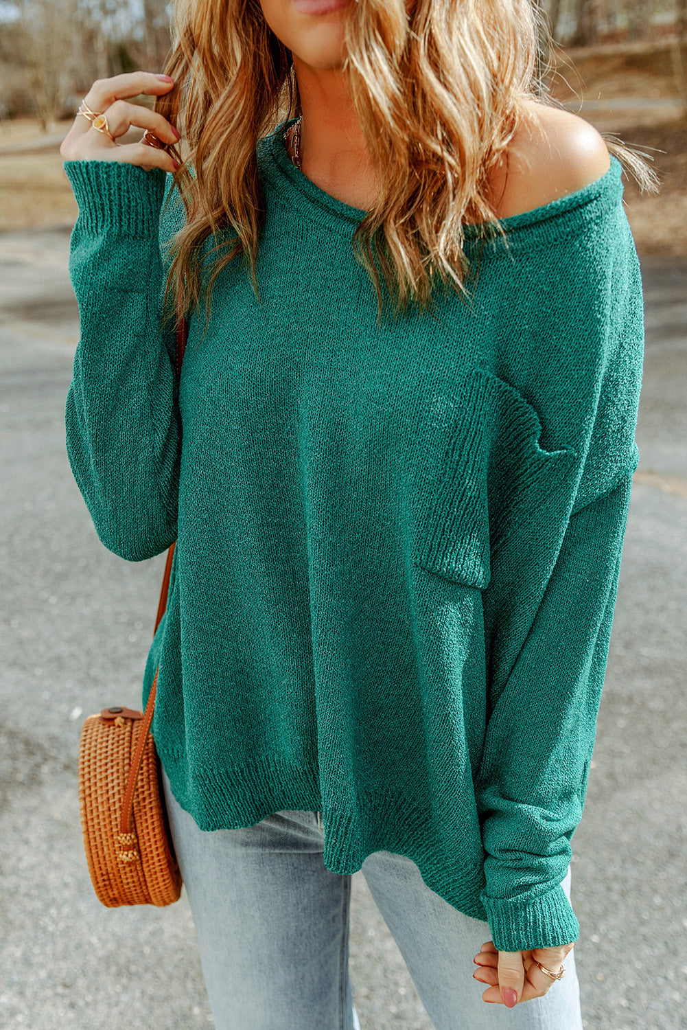 Solid Color Off Shoulder Rib Knit Sweater with Pocket