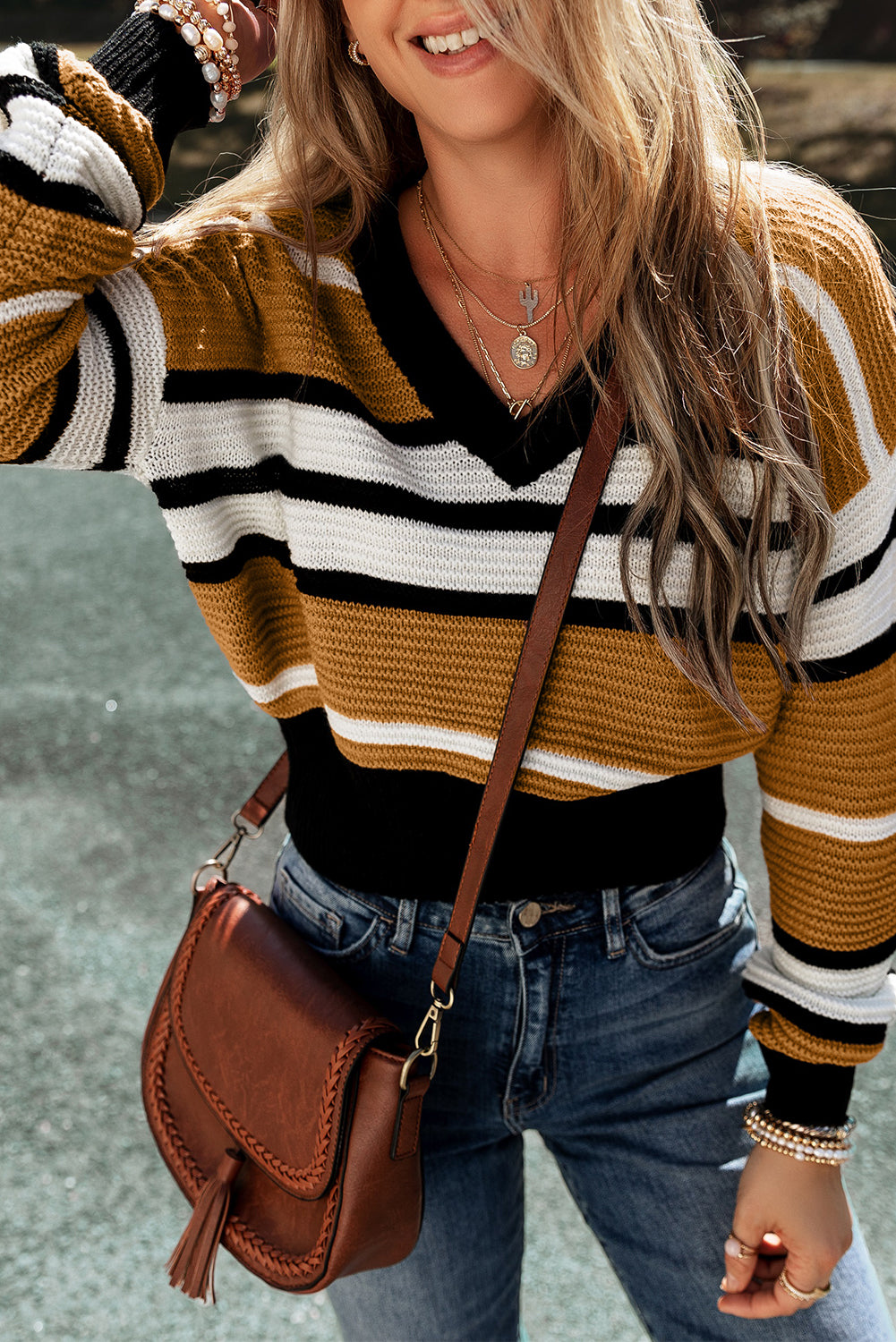 Contrast Stripes V Neck Textured Knit Sweater