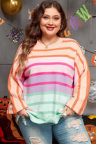 Color Block Balloon Sleeve Crewneck Plus Size Sweater