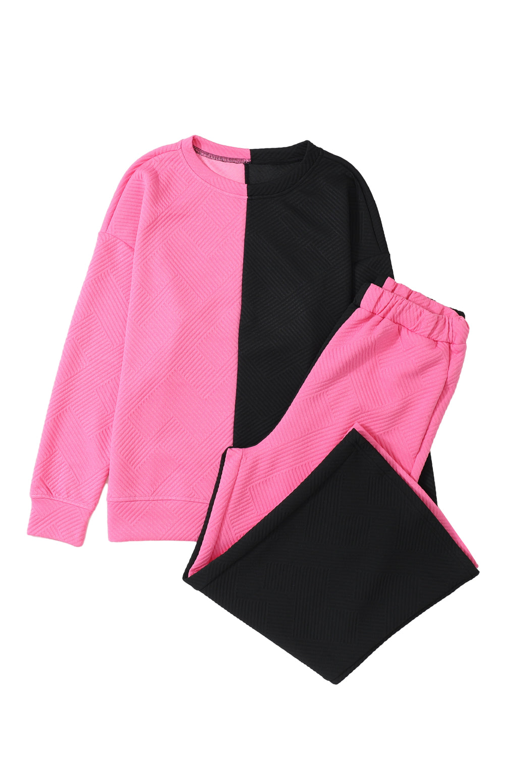 Contrast Color Block Textured Casual 2pcs Outfit